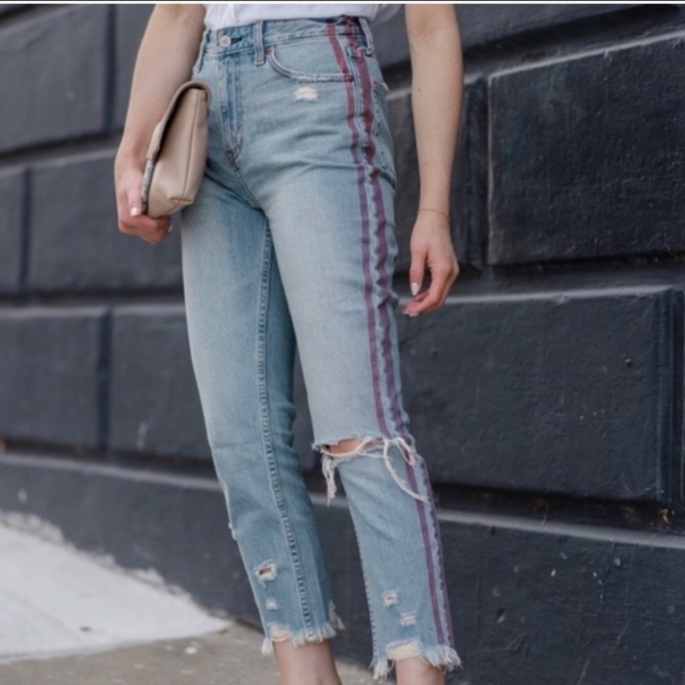Abercrombie & Fitch Annie High Rise Girlfriend Distressed Jeans Red Stripe 29/8